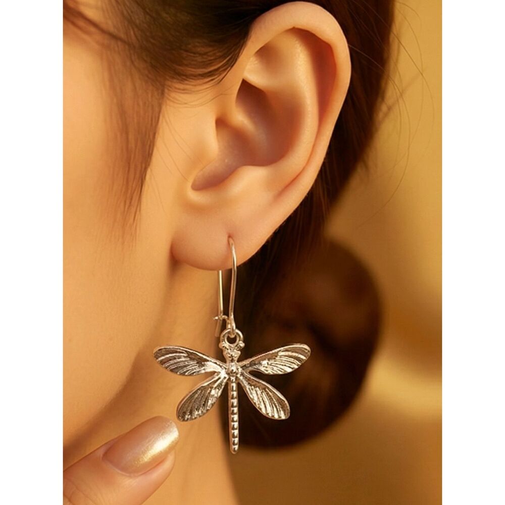 Dragonfly Earrings Silver Hoop Hook Dangle Pierced Ears Jewelry Fairy Kawaii